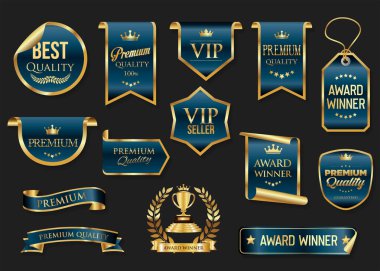 VIP üyesi altın ve mavi lüks etiket premium kalite sertifika kurdeleleri vektör resimleme 
