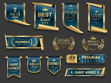 VIP üyesi altın ve mavi lüks etiket premium kalite sertifika kurdeleleri vektör resimleme 