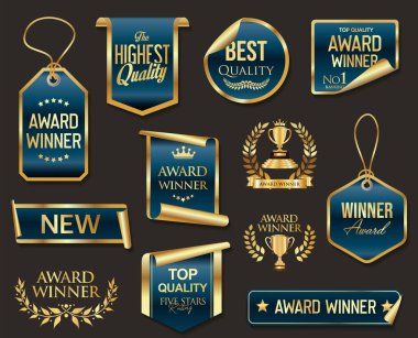 VIP üyesi altın ve mavi lüks etiket premium kalite sertifika kurdeleleri vektör resimleme 