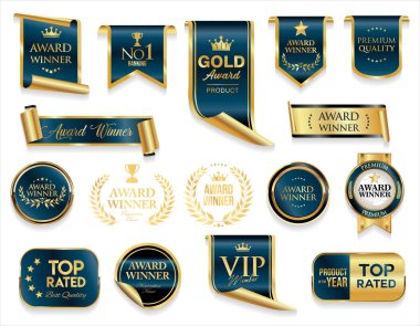 VIP üyesi altın ve mavi lüks etiket premium kalite sertifika kurdeleleri vektör resimleme 