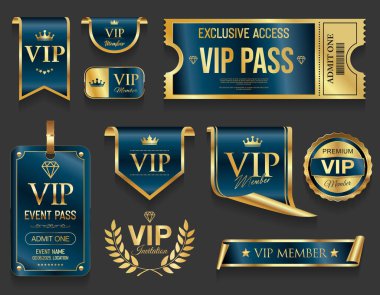 VIP üyesi altın ve mavi lüks etiket premium kalite sertifika kurdeleleri vektör resimleme 