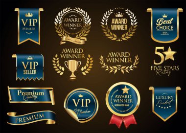 VIP, premium ve altın ödüllü rozetler ve gri arka planda izole edilmiş mavi ve altın kurdele.
