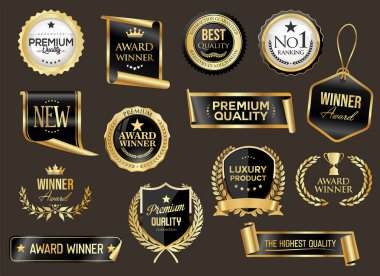 En çok izlenen ödül sahibi altın ve siyah rozet ve amblem koleksiyonu illüstrasyonu 