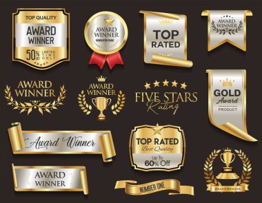 En çok izlenen ödül sahibi altın ve beyaz rozet ve amblem koleksiyonu illüstrasyonu