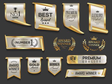 En çok izlenen ödül sahibi altın ve beyaz rozet ve amblem koleksiyonu illüstrasyonu