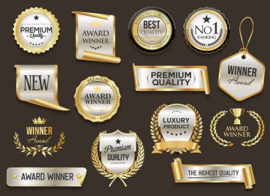 En çok izlenen ödül sahibi altın ve beyaz rozet ve amblem koleksiyonu illüstrasyonu