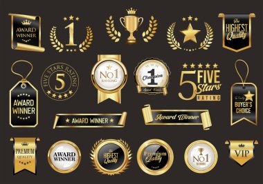 VIP, premium ve altın ödüllü rozetler ve gri arka planda izole edilmiş mavi ve altın kurdele. 