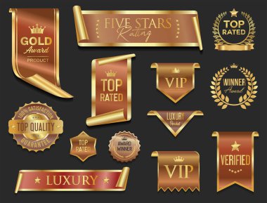 Ödüllü amblem altın defne çelengi, rozet ve siyah arka planda izole etiketler koleksiyonu 