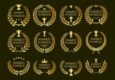 Altın madalyalar defne çelenkleri, beş yıldız, taçlar ve ödüller. Altın ödüllü amblemler 