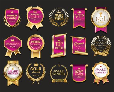 En çok ödül alan altın ve pembe rozet ve amblem koleksiyonu illüstrasyonu