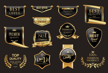 A luxurious and modern Premium Quality badge design featuring a stylish gold and black color palette on a clean black background