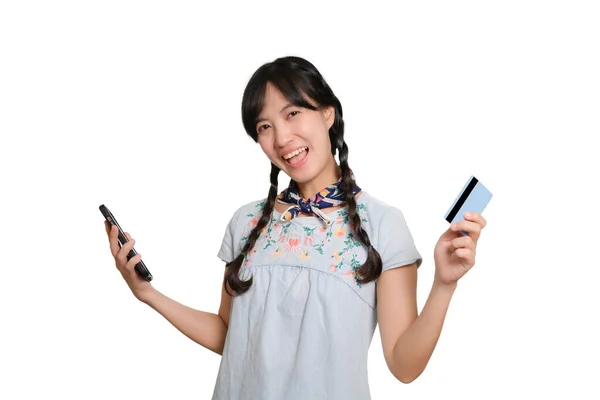 Portrait Beautiful Young Asian Woman Denim Dress Holding Credit Card — Stok fotoğraf
