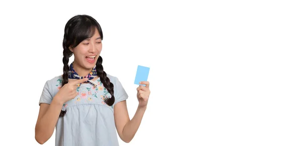 Portrait Beautiful Young Asian Woman Denim Dress Holding Credit Card — Stok fotoğraf