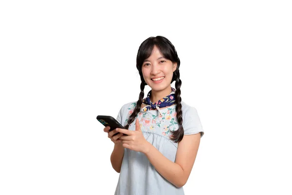 Portrait Happy Beautiful Young Asian Woman Denim Dress Using Smartphone — Stok fotoğraf