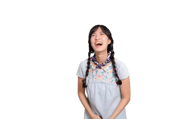 Portrait Beautiful Happy Young Asian Woman Denim Dress White Background — Stok fotoğraf