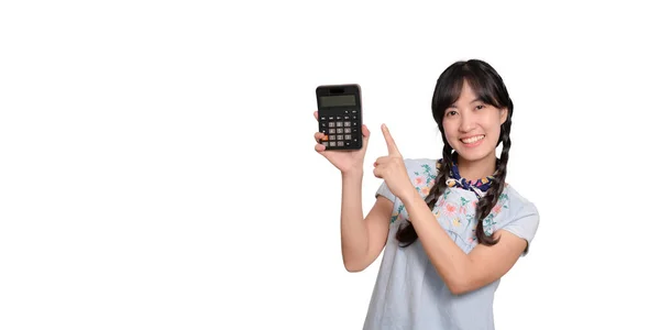 Portrait Beautiful Happy Young Asian Woman Denim Dress Holding Calculator — Zdjęcie stockowe