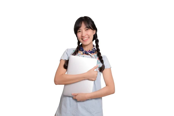 Beautiful Portrait Happy Young Freelance Asian Woman Denim Dress Using — Stok fotoğraf