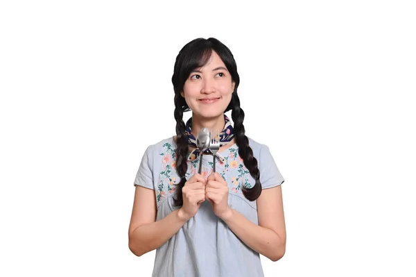 Portrait Beautiful Young Asian Woman Smile Denim Dress Spoon Fork — Stok fotoğraf