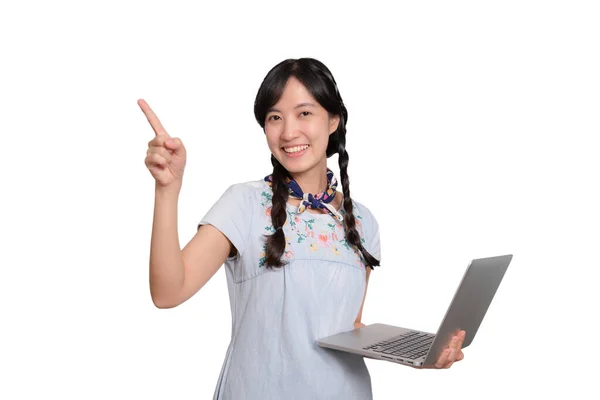 Beautiful Portrait Happy Young Freelance Asian Woman Denim Dress Using — Fotografia de Stock