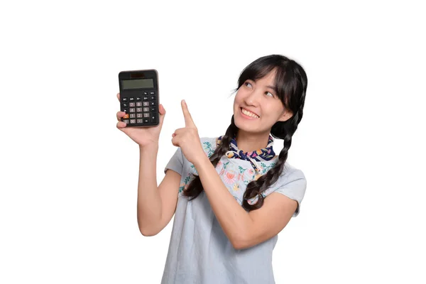 Portrait Beautiful Happy Young Asian Woman Denim Dress Holding Calculator — Stock Photo, Image