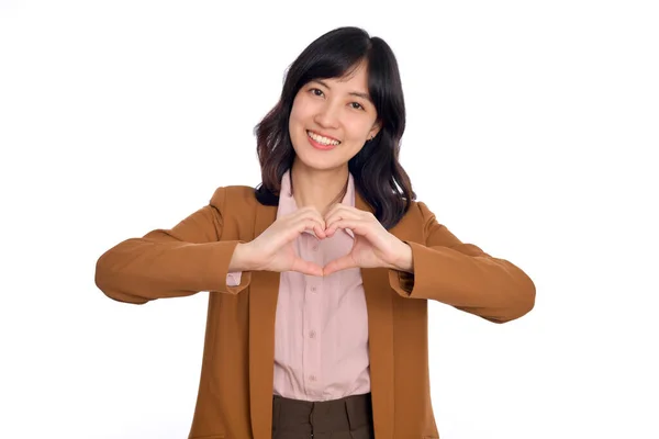 Young Asian Woman Hands Making Heart Shape White Isolated Background — Stok fotoğraf