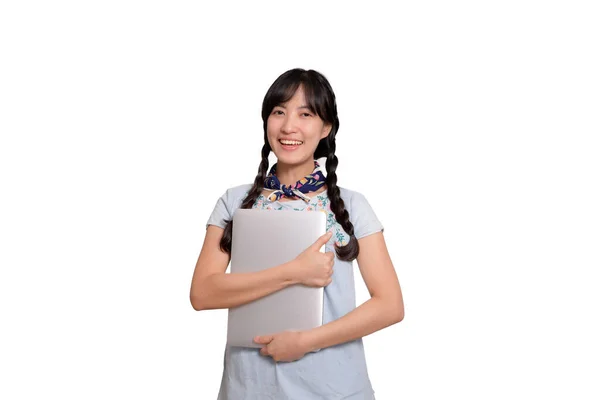 Beautiful Portrait Happy Young Freelance Asian Woman Denim Dress Using — Fotografia de Stock