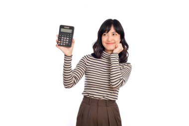 Young Asian woman casual uniform holding calculator. Business and financial concept.