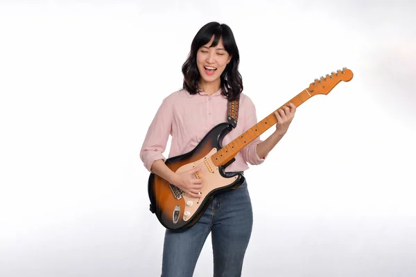 Asian Woman Playing Vintage Sunburst Electric Guitar Isolated White Background — Zdjęcie stockowe