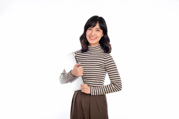 Beautiful Young Asian Woman Sweater Clothing Holding Laptop Computer Looking — Fotografia de Stock