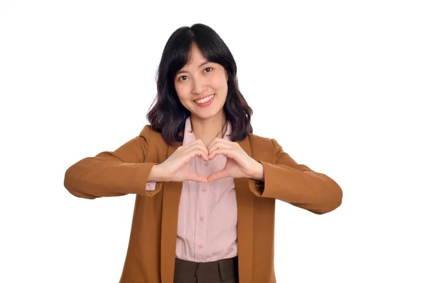Young Asian Woman Hands Making Heart Shape White Isolated Background — Stok fotoğraf