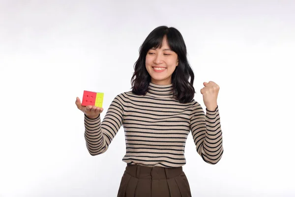 Asian Woman Holding Puzzle Cube Standing White Background Solving Cubic — Stock Photo, Image