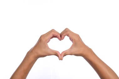 Man hands making a heart shape on white isolated background