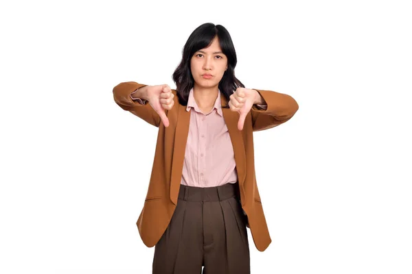 Dislike Disgusted Asian Woman Showing Thumbs Grimacing Commenting Smth Bad — Stock Photo, Image