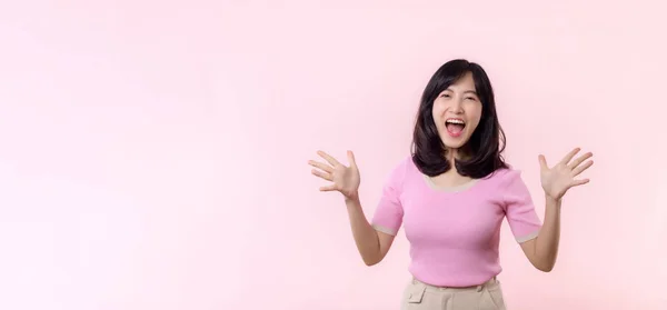 Portrait Young Beautiful Asian Woman Happy Smile Dance Fist Victory — Stock Photo, Image
