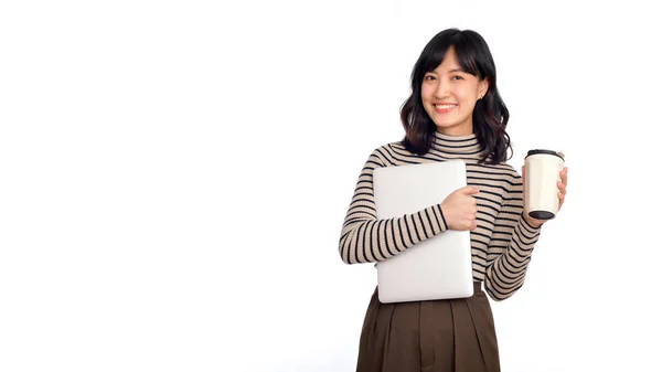 Beautiful Young Asian Woman Sweater Clothing Holding Laptop Computer Coffee — Fotografia de Stock
