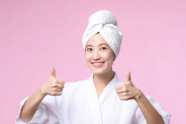 Young Beautiful Asian Woman Happy Smile Face Hand Finger Gesture — Stock Photo, Image
