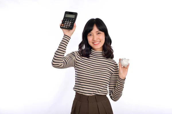 Portrait Young Asian Woman Holding White Piggy Bank Calculator Isolated — Stock Photo, Image