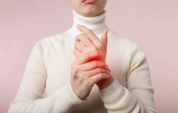 Asian Young Woman White Sweater Cloth Suffering Wrist Hand Pain — Stock Photo, Image