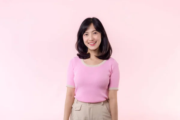 Portrait Young Beautiful Asian Woman Model Happy Smile Pink Sweater — Stock Photo, Image