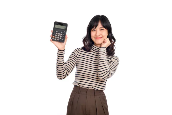 Ung Asiatisk Kvinna Tillfällig Uniform Håller Miniräknare Affärsidé Och Finansiellt — Stockfoto