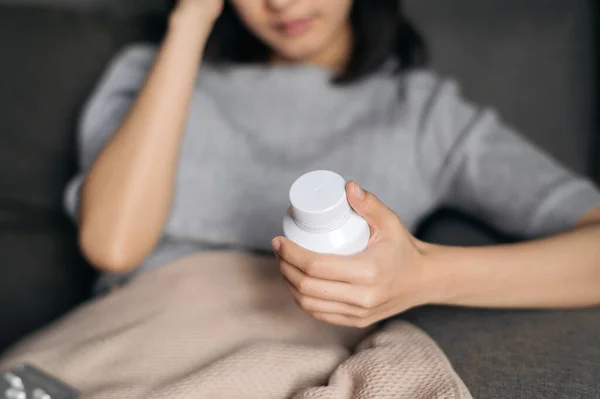Asian Woman Cold Flu Reading Instructions Medicine Bottle — Fotografia de Stock