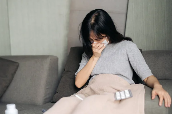 Sick Asian Woman Face Mask Having Cough Sofa Bed Home — Stockfoto