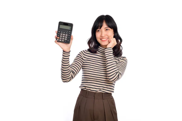 Young Asian Woman Casual Uniform Holding Calculator Business Financial Concept — Stok fotoğraf