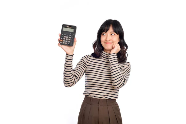 Young Asian Woman Casual Uniform Holding Calculator Business Financial Concept — Stok fotoğraf