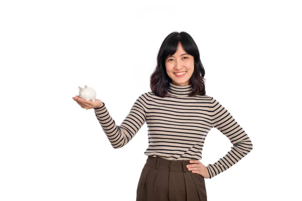 Portrait Young Asian Woman Holding White Piggy Bank Isolated White — Fotografia de Stock