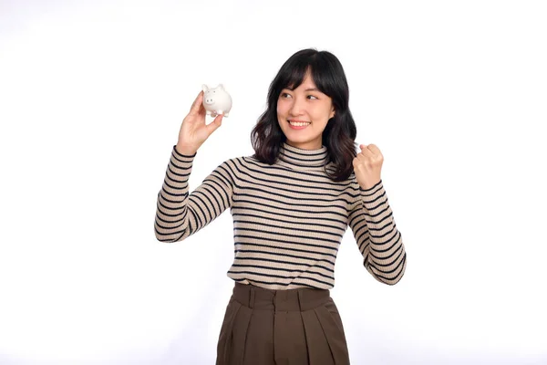Portrait Young Asian Woman Holding White Piggy Bank Isolated White — Stock Photo, Image