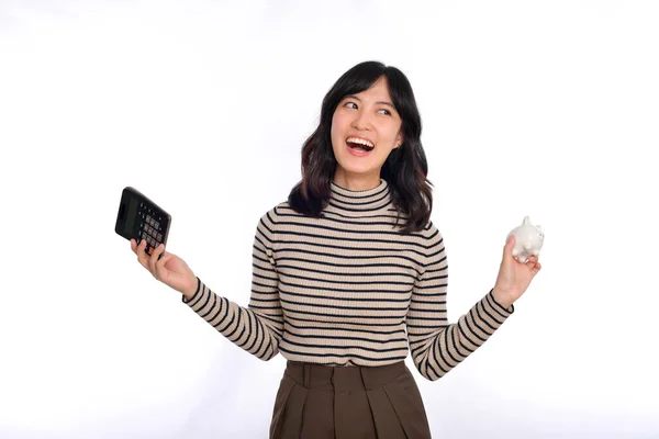 Portrait Young Asian Woman Holding White Piggy Bank Calculator Isolated — Stock Photo, Image