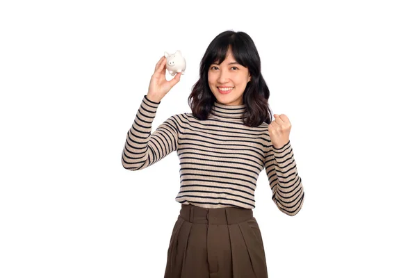 Portrait Young Asian Woman Holding White Piggy Bank Isolated White — Stock Photo, Image