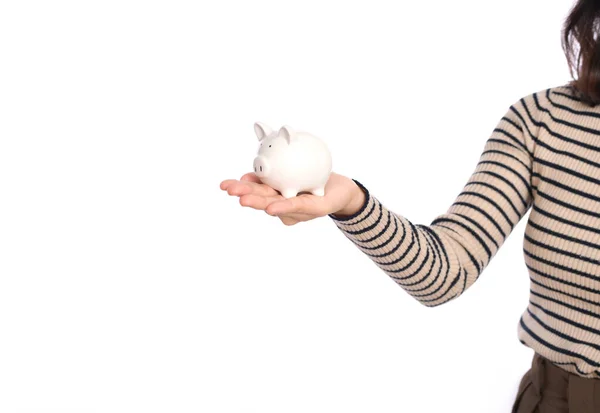 Hand Young Asian Woman Holding White Piggy Bank Isolated White — Foto Stock
