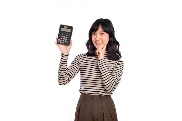 Young Asian Woman Casual Uniform Holding Calculator Business Financial Concept — Zdjęcie stockowe